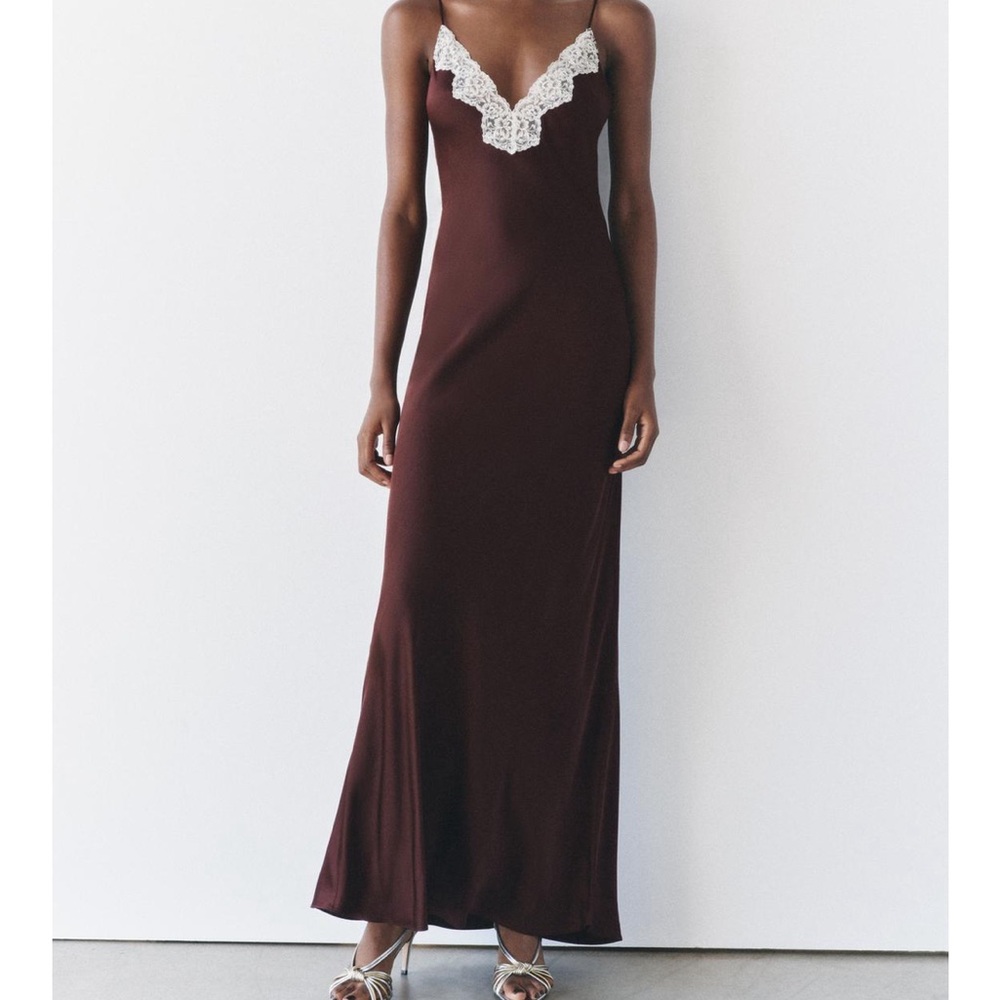 NWT Zara Silky Lace V-neck Slip Maxi Dress in Burgundy - S